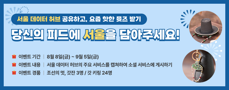 당신의 피드에 서울을 담아주세요!, 이벤트 기간 : 2025.08.08(금)~09.05(금), 이벤트 내용 : 서울 데이터 허브의 주요 서비스를 캡쳐하여 소셜 서비스에 게시하기, 이벤트 경품 : 조선의 멋, 갓잔 3명 / 갓 키링 24명